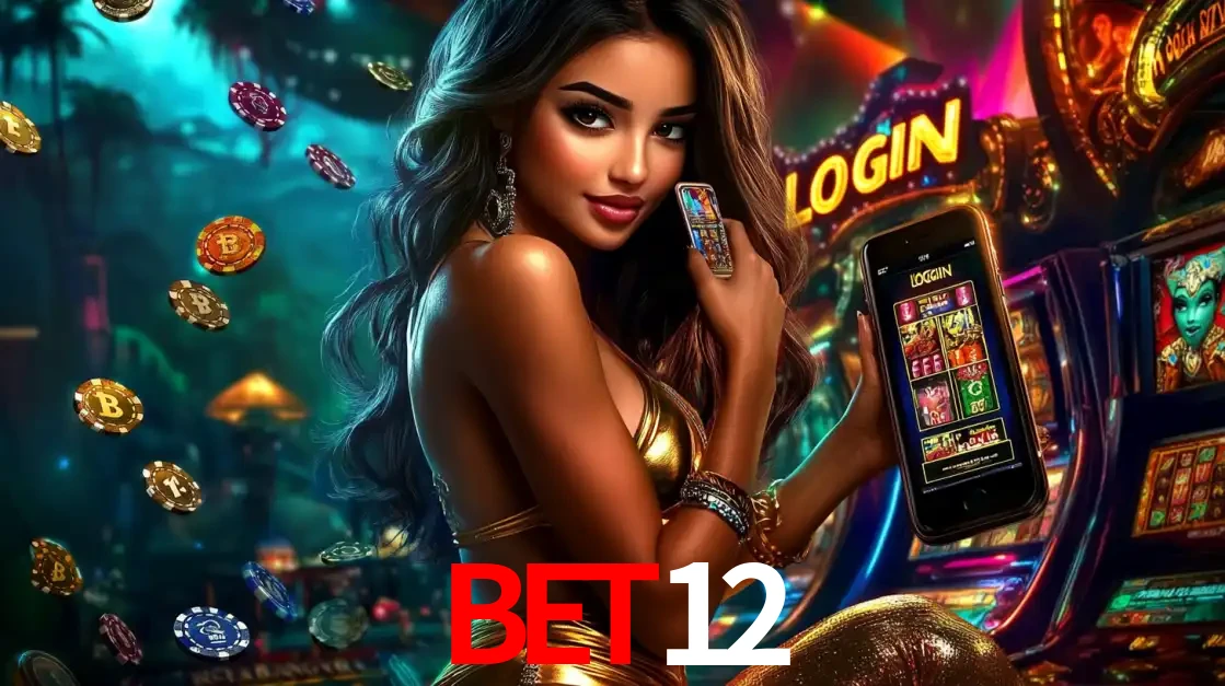 Mulher em um cenário de cassino temático de aventura, mostrando o app de caça-níqueis da BET12 no celular. Fichas de apostas flutuam ao redor.