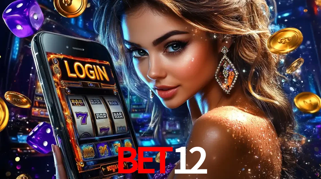 Mulher glamorosa segurando um smartphone com a tela de login para os jogos de caça-níqueis do cassino online BET12, com moedas de ouro e dados ao redor.