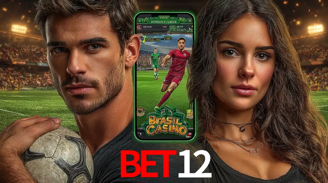 Homem segurando uma bola de futebol e uma mulher ao lado de um smartphone exibindo o jogo de apostas esportivas da BET12. Faça seu palpite no cassino online.